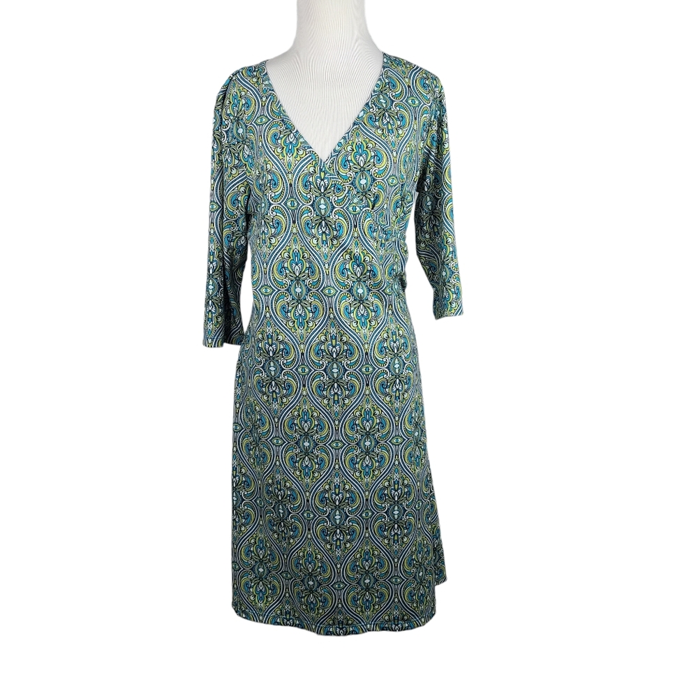 Prana Nadia Veeda blue & green faux wrap paisley print active dress size Large